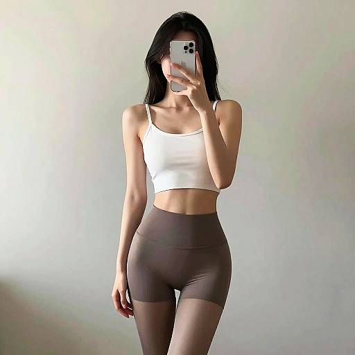 Photograph of a slim, light-skinned woman with long black hair, wearing a white crop top and brown high-waisted shorts, taking a