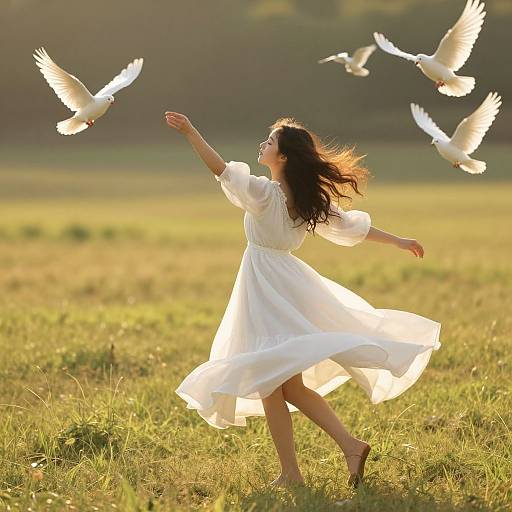 Photograph of a young woman in a flowing white dress, arms outstretched, dancing in a sunlit field with white doves flying around her