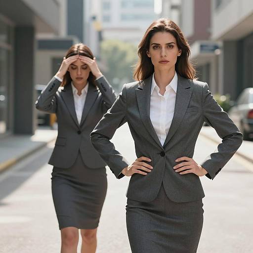 Two Businesswomen in Gray Suits in Urban Setting