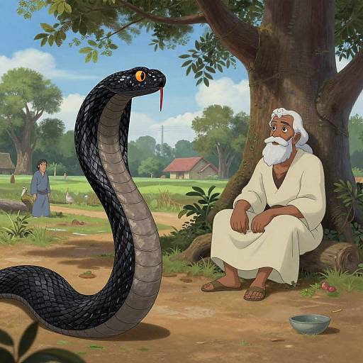 Digital illustration of an elderly bearded man in white robes sitting under a tree, staring at a large black snake with glowing eyes, in a sunny,