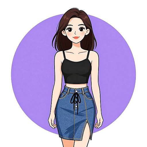 Digital anime-style illustration of a smiling young woman with dark brown hair, wearing a black crop top and blue denim skirt with a front slit, standing against