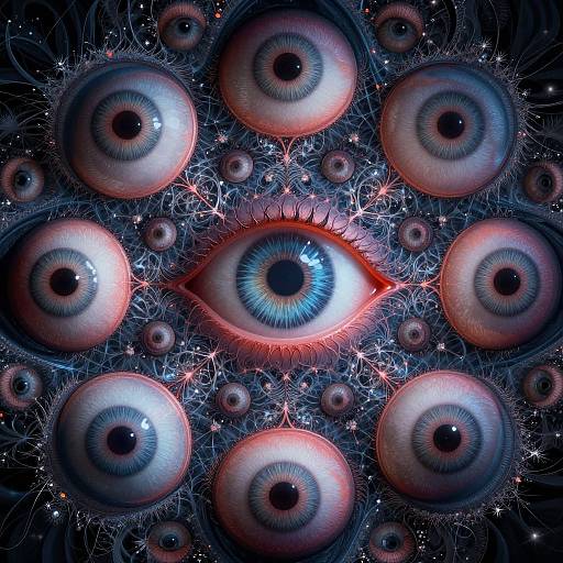 Digital artwork of a central blue-eyed eye surrounded by smaller, glowing eyes with intricate, colorful irises and red highlights, set against a dark, star