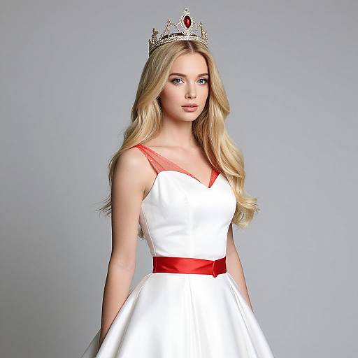 Photograph of a blonde woman with long wavy hair, wearing a white dress with red sash, and a silver crown with red gem, against