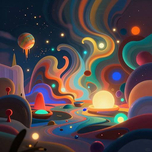 Vibrant, surreal digital art of a cosmic landscape with swirling, colorful waves, glowing orbs, and lava-like lights against a starry night sky