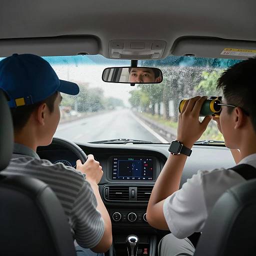 Three Friends in a Wet Car Scene