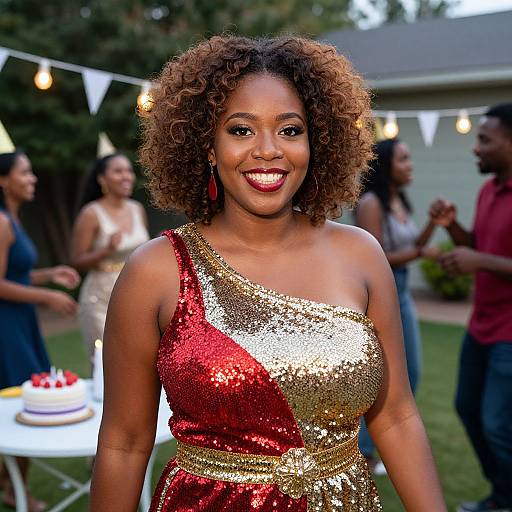 Photograph of a smiling Black woman with curly hair in a red and gold sequined dress, standing at an outdoor party with string lights and friends in