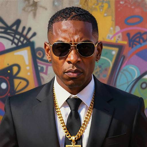 Photograph of a serious Black man in a black suit, white shirt, black tie, gold chain, and aviator sunglasses, standing against a colorful