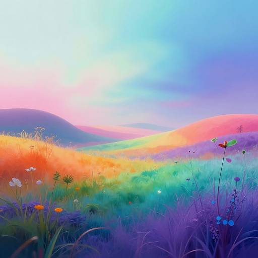 Vibrant digital painting of a colorful meadow with rolling hills, featuring vivid orange, red, yellow, green, and blue hues, dotted with