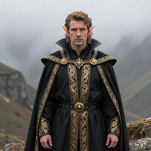 Regal Elf in Mystical Mountain Landscape
