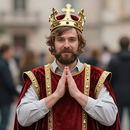 Photograph of a bearded man with brown hair wearing a gold crown, red velvet robe with gold trim, and white shirt, hands clasped in
