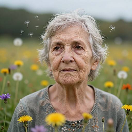 Photograph of an elderly woman with short gray hair, wrinkled face, wearing a gray sweater, standing in a vibrant wildflower field.