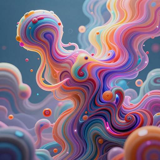 Digital art of a vibrant, swirling, colorful abstract figure with wavy, multicolored ribbons, set against a blue background with glowing orbs.