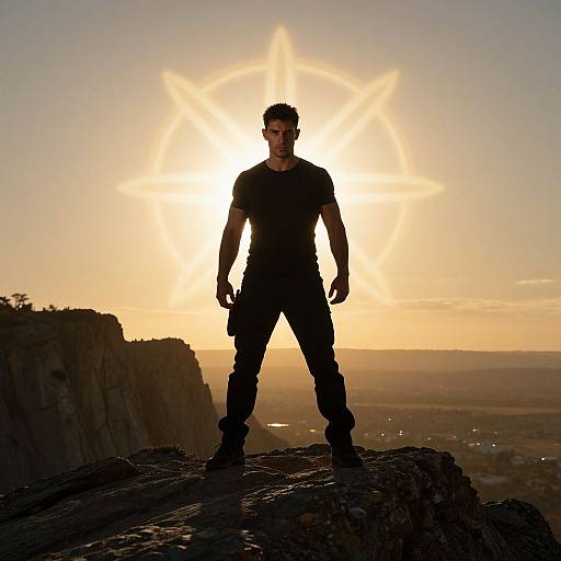 Silhouetted man in black shirt and pants stands confidently on rocky cliff at sunset, with a glowing star-shaped sunburst behind him.