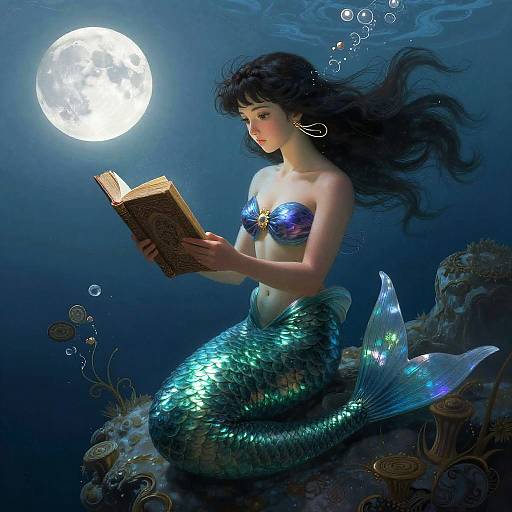 Mermaid Reading Ancient Book Underwater