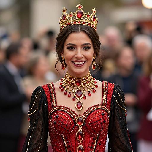 Photograph of a smiling woman with dark hair, wearing a red and black beaded gown, gold crown, and elaborate jewelry, standing in a blurred