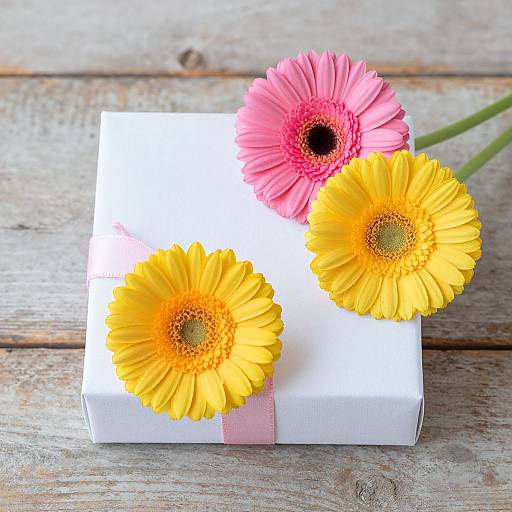 Photograph of a white gift box adorned with a pink ribbon, topped by three vibrant pink and yellow gerbera daisies on a rustic wooden