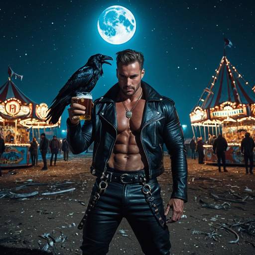 Muscular Man with Raven at Abandoned Carnival Night