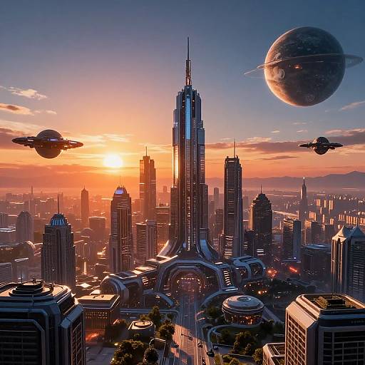 Digital art of a futuristic cityscape at sunset with towering skyscrapers, two flying saucers, and a large planet with rings in the sky