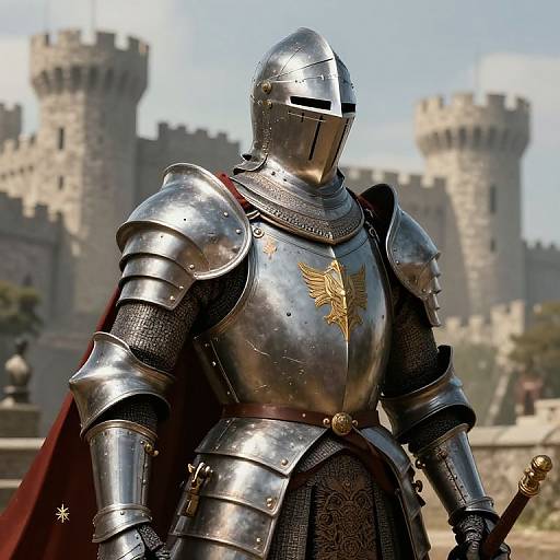 Photorealistic CGI of armored knight in shiny silver armor with a gold wing emblem, helmet with a slit, holding a sword, standing before medieval castle