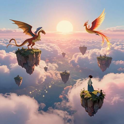 Fantasy digital artwork: Dragon and phoenix soar above floating islands with a sunlit, cloudy sky. A man in blue sits on one island, surrounded