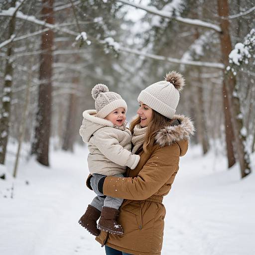 Photograph of a smiling mother in a brown coat with fur trim, holding a bundled-up, laughing child in a snowy forest.