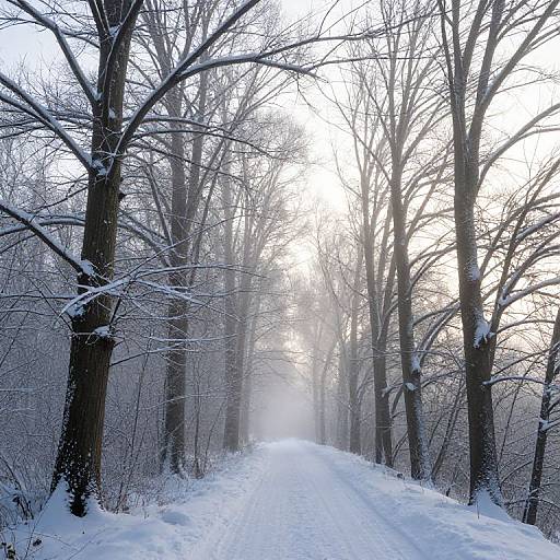 Photograph of a snowy forest path, flanked by tall, leafless trees with snow-covered branches, leading into a misty, sunlit background