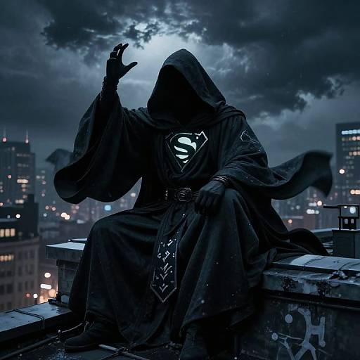Mysterious, hooded figure in dark cloak with Superman emblem, seated on rooftop, hand raised, under a moonlit, cloudy night sky, city