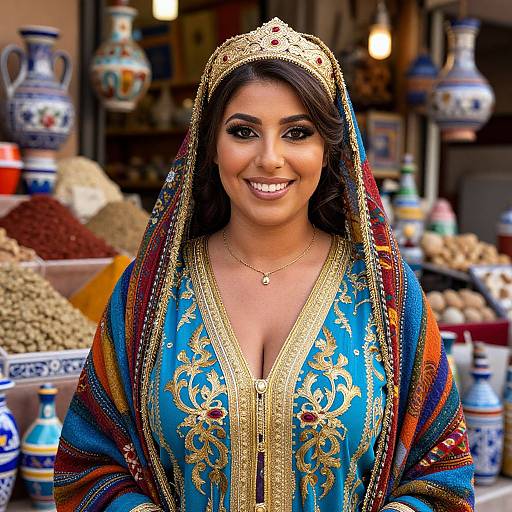 Photograph of a smiling South Asian woman in an ornate blue and gold traditional dress with a colorful headscarf, standing in a bustling spice market