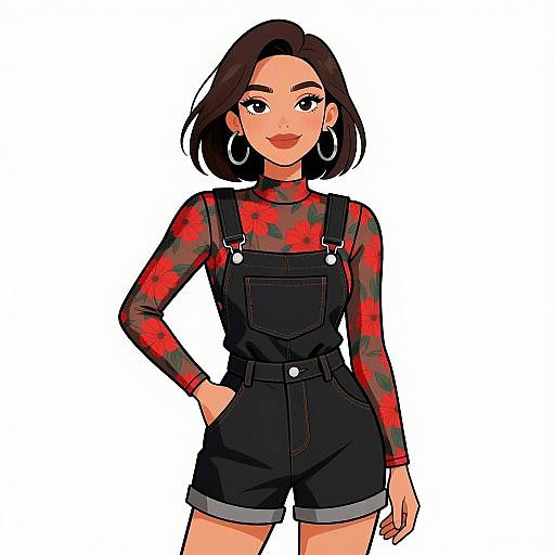 Digital illustration of a confident woman with fair skin, black bob haircut, wearing red floral long-sleeve top, black denim overalls, large hoop