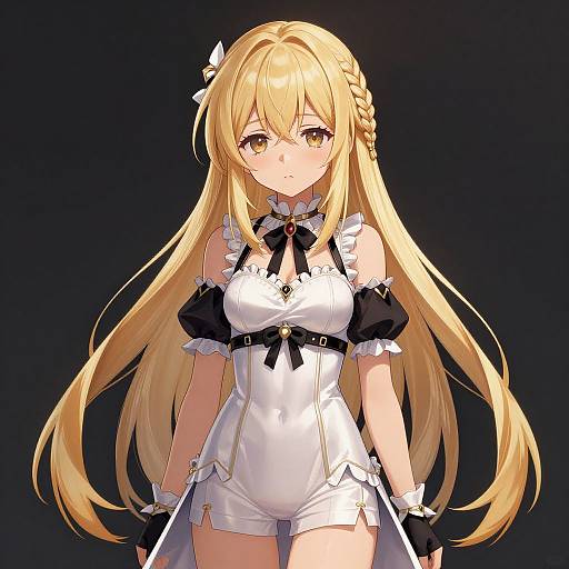 Anime-style digital illustration of a blonde girl with long hair, wearing a white and black frilled maid outfit, black ribbon, and gloves, against a