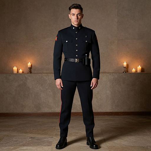 Photograph of a serious, dark-haired man in a black military uniform standing centered in a dimly lit room with six candles on a ledge behind him