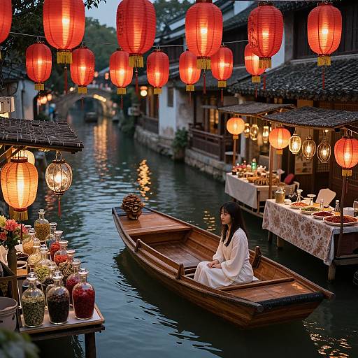 Photograph of a serene, twilight canal scene with a woman in a white dress in a wooden boat, surrounded by glowing red lanterns and traditional wooden