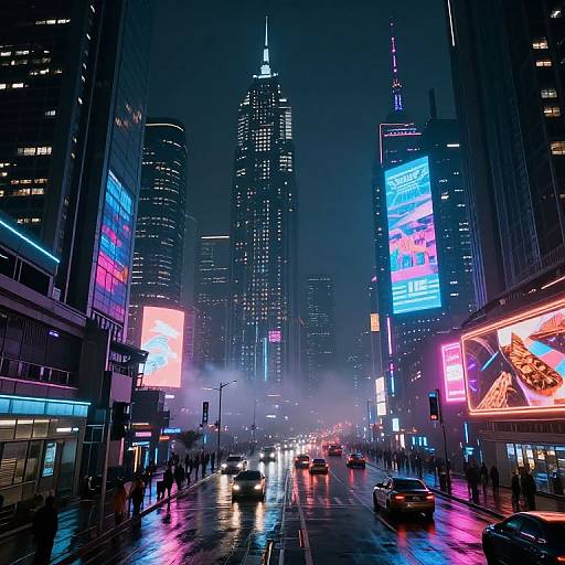 Neon-lit, rain-soaked urban street at night, bustling with cars and pedestrians, tall skyscrapers, colorful billboards, and mist