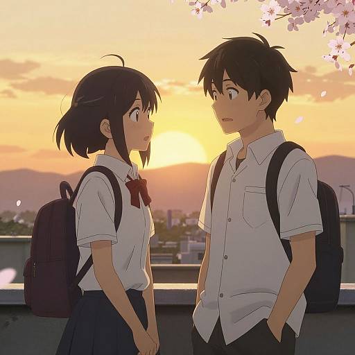 Anime-style illustration of a shy boy and girl in school uniforms, facing each other at sunset with cherry blossoms overhead. Both have backpacks, and