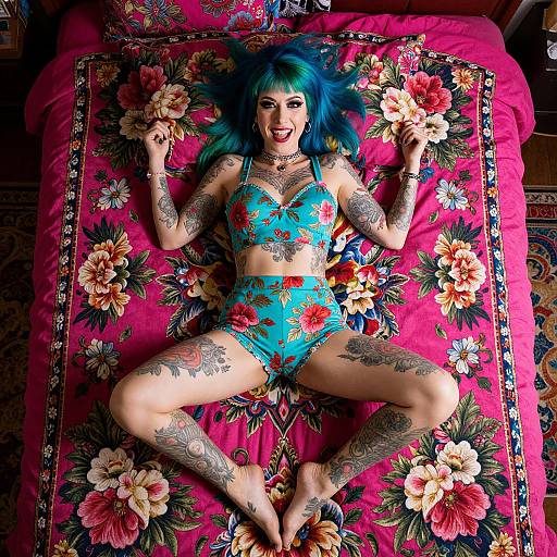 Tattooed woman with blue hair, floral lingerie, lying on a red floral bedspread, smiling confidently with arms and legs spread. Photograph.