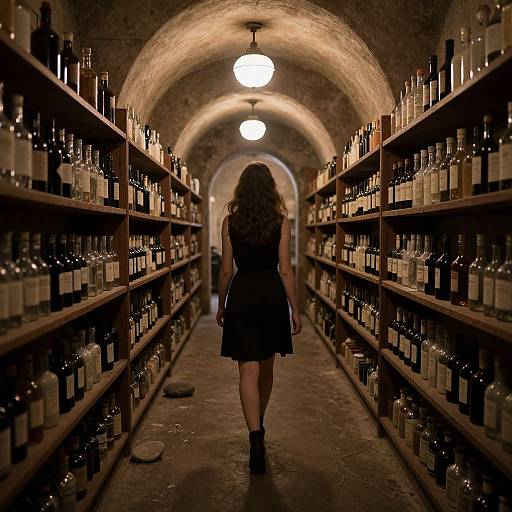 Photograph of a woman with long curly hair in a black dress and boots, walking down a dimly lit, arched wine cellar aisle, fl