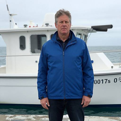 Man in Blue Jacket by Navy Boat