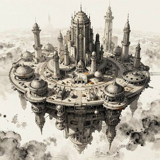 Floating Vortex City in Ink Wash