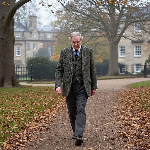 Photograph of elderly white man with white hair, wearing gray tweed suit, black shoes, and tie, walking on autumn path with fallen leaves,