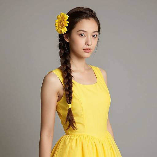 Photograph of an Asian woman with fair skin, dark braided hair, yellow flower, wearing a bright yellow sleeveless dress, against a plain gray