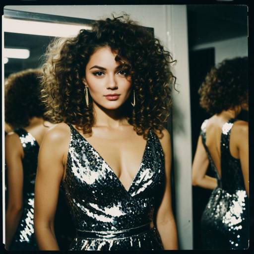 Curly Haired Woman in Metallic Dress Backstage