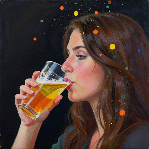 Digital painting of a woman with long brown hair sipping beer, colorful bokeh lights against a black background, realistic style.