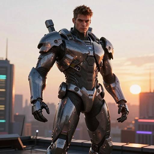 CGI image of a muscular, bronze-haired man in a shiny, metallic, futuristic armor standing on a rooftop at sunset, cityscape background.