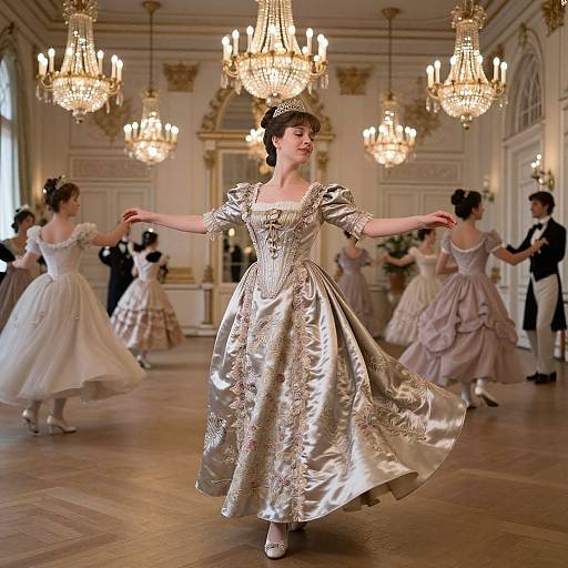 Photograph of a ballroom dance class with elegant women in ornate, silver and lavender gowns, under glowing chandeliers.