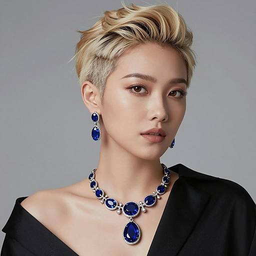 Elegant woman with blue gemstone jewelry