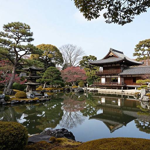 Photograph of a traditional Japanese garden with a tranquil pond, reflecting wooden buildings, surrounded by trees and rocks, under a bright sky.