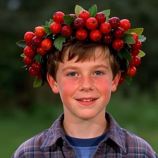 Photograph of a young boy with fair skin and short brown hair, smiling, wearing a red cherry and green leaf crown, plaid shirt, and