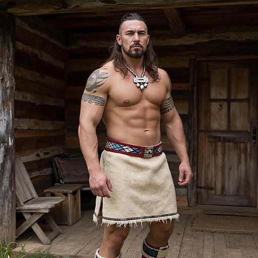 Muscular, bearded man with long hair, Native American-style necklace, tattoos, and a beige loincloth stands confidently in front of a rustic