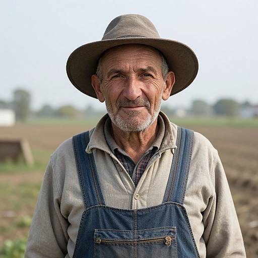 Photograph of an elderly, weathered Caucasian farmer with gray beard, wearing a brown hat, blue overalls, and beige shirt, standing in a