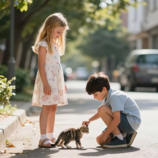 Photograph of a blonde girl in a floral dress and a brown-haired boy in a blue shirt, kneeling, petting a small tabby cat on